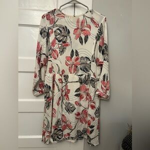 Anthropologie dress.  Ivory, navy, red.  Tiny sequins in some of the flowers.